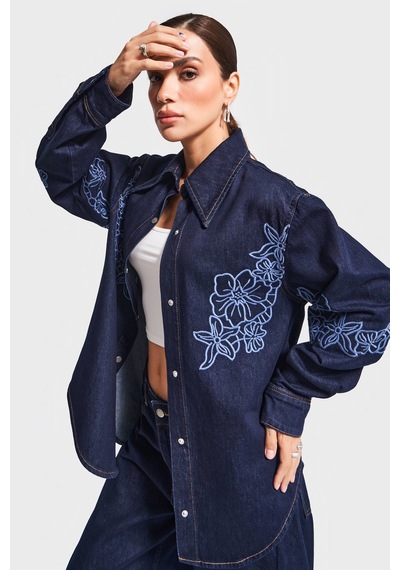 Kadın İndigo Mavi Renk 7w5-50 Oversize Çiçek Nakışlı Özel Tasarım Denim Gömlek Ceket