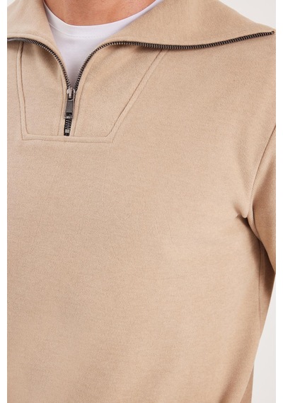 Tudors Unisex Relax Fit Rahat Kesim Fitilli Desenli Pamuklu Yarım Fermuarlı Bej Dik Yaka Sweatshirt-38228 Tudors Unisex Relax Fit Rahat Kesim Fitilli Desenli Pamuklu Yarım Fermuarlı Bej Dik Yaka Sweatshirt-38228