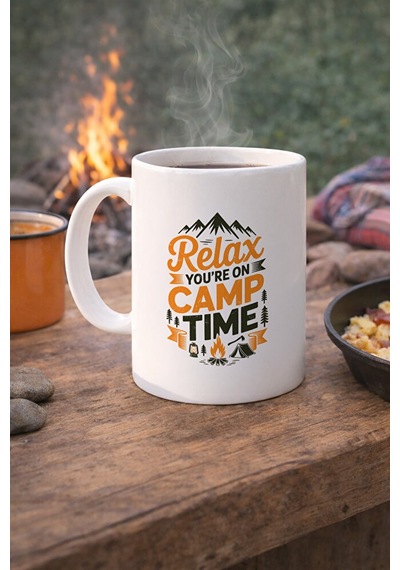 Relax You Re On Camp Time Kupa Kamp Temalı Porselen Kahve Kupası 330 Ml Beyaz