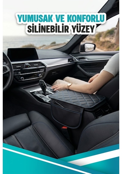 Subaru Crosstrek Uyumlu Cepli Deri Kolçak Minderi Koruyucu Örtü Siyah Deri Mavi Dikiş