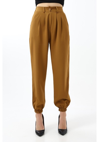 Winmoda34 Kadın Maskülen Paçası Lastikli Jogger Kumaş Pantolon Hardal