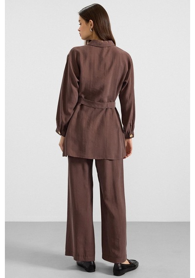 Olcay Metal Düğmeli Soft Kumaş Tunik Pantolon İkili Takım Kahve 9397-tk