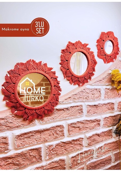 Dekoratif, Iskandinav 3-lü Aynalı Duvar Süsü, Makrome Ayna Seti, Ev, Duvar, Dekoru, Süs Eşyası. Kiremit Diğer