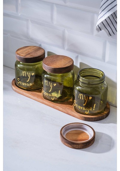 Acar 7937 Pierre 3 Lü Akasya Ahşap Kapak Ve Tepsili Kavanoz Seti 12 Cm - Green Yeşil