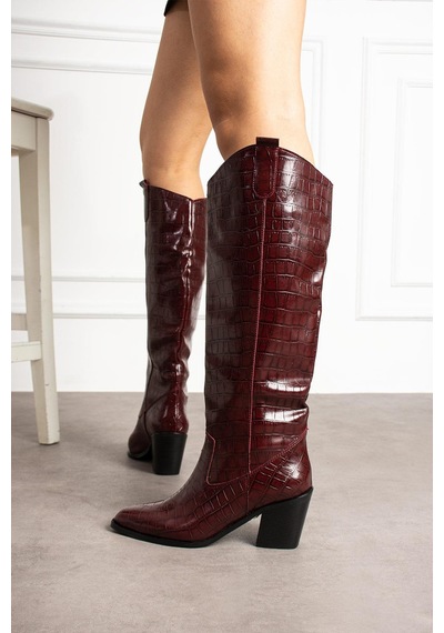Shoetek Helia Kadın Çizme Kovboy Kroko Desenli Bordo Deri Bordo