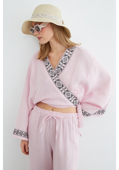 Fullamoda Yakası Ve Kolu Nakışlı Bağlamalı Kimono Pembe