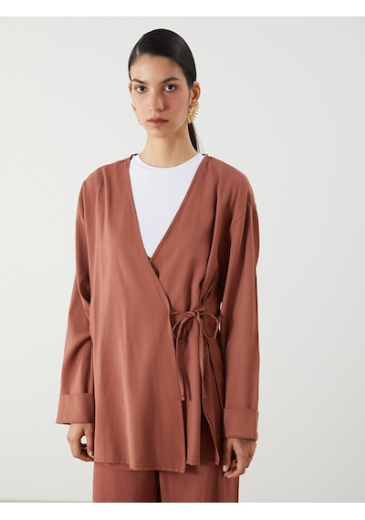 Lcw Modest Kahverengi Kruvaze Yaka Keten Karışımlı Kadın Kimono