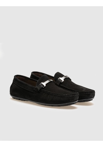 Hakiki Deri Siyah Süet Tokalı Erkek Loafer - 43