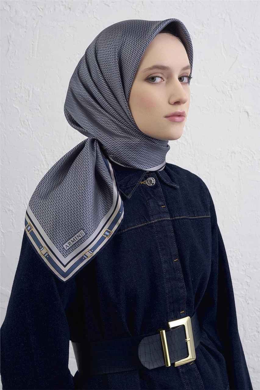 Armine Monogram Desenli Saf İpek Twill Eşarp 9401d 04 Mavi