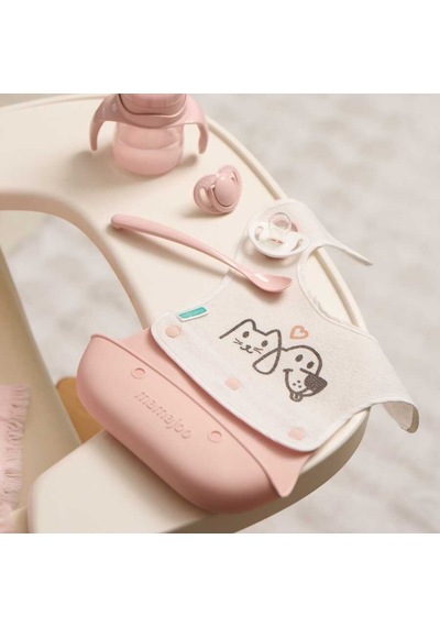 Mamajoo Silikon & Kumaş Katlanır Mama Önlüğü | 2-in-1 Powder Pink + Kumaş Önlük