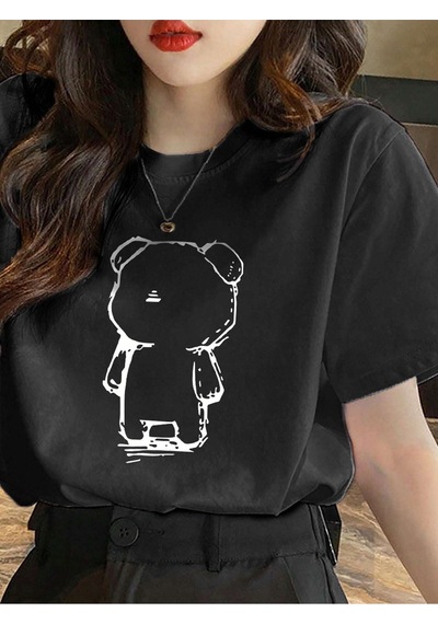 Lonely Bear Süprem T-shirt - Siyah Baskılı Oversize Bisiklet Yaka Tişört Siyah