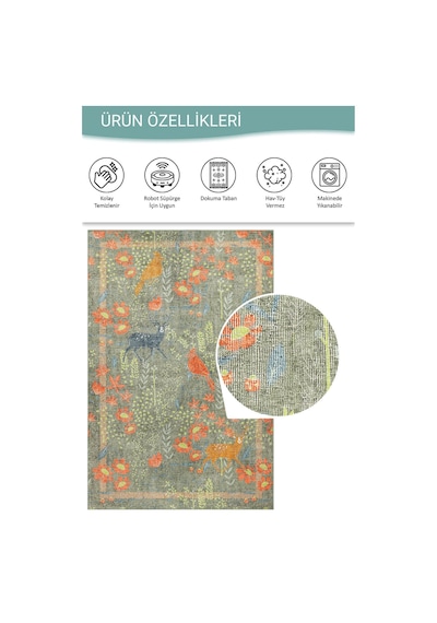 Artloop Florart Zeytin Yeşili / Turuncu Doğa Temalı Çiçekli Dokuma Tabanlı Modern Şönil Halı Al 483