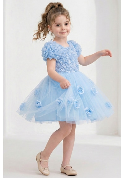 Mnk Baby & Kids Rosali Lase Detay Kız Tütü Abiye Elbise M00803 Mavi