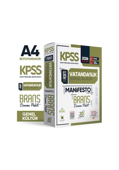 2026 KPSS Önlisans-Ortaöğretim 3 Adım Vatandaşlık Manifesto 20li Dijital Çözümlü Branş Deneme Paketi