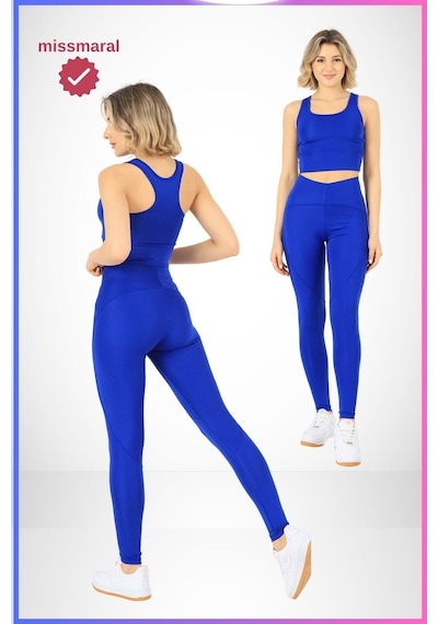 Missmaral Slim Fit Tayt Yüksek Bel Toparlayıcı Saks Mavi Spor Model Flatlock Dikiş Detaylı Oslo 1090 Mavi