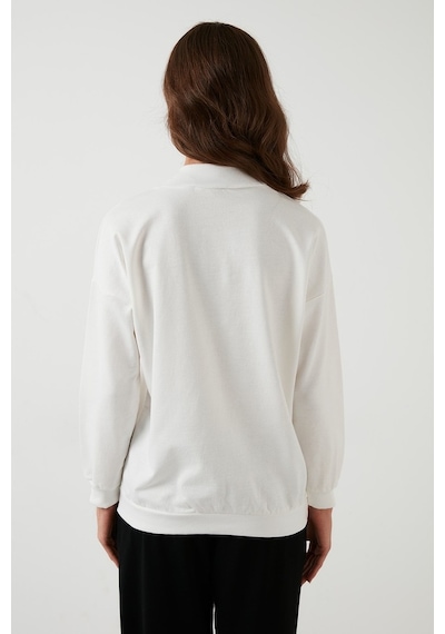 Lela Pamuklu Dik Yaka Basic Örme Bayan Sweat 5863323 Ekru