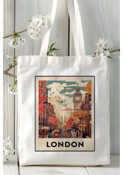 Art Hediye London Baskılı Bez Çanta Omuz Çantası Kişiye Özel Desen Çok Renkli