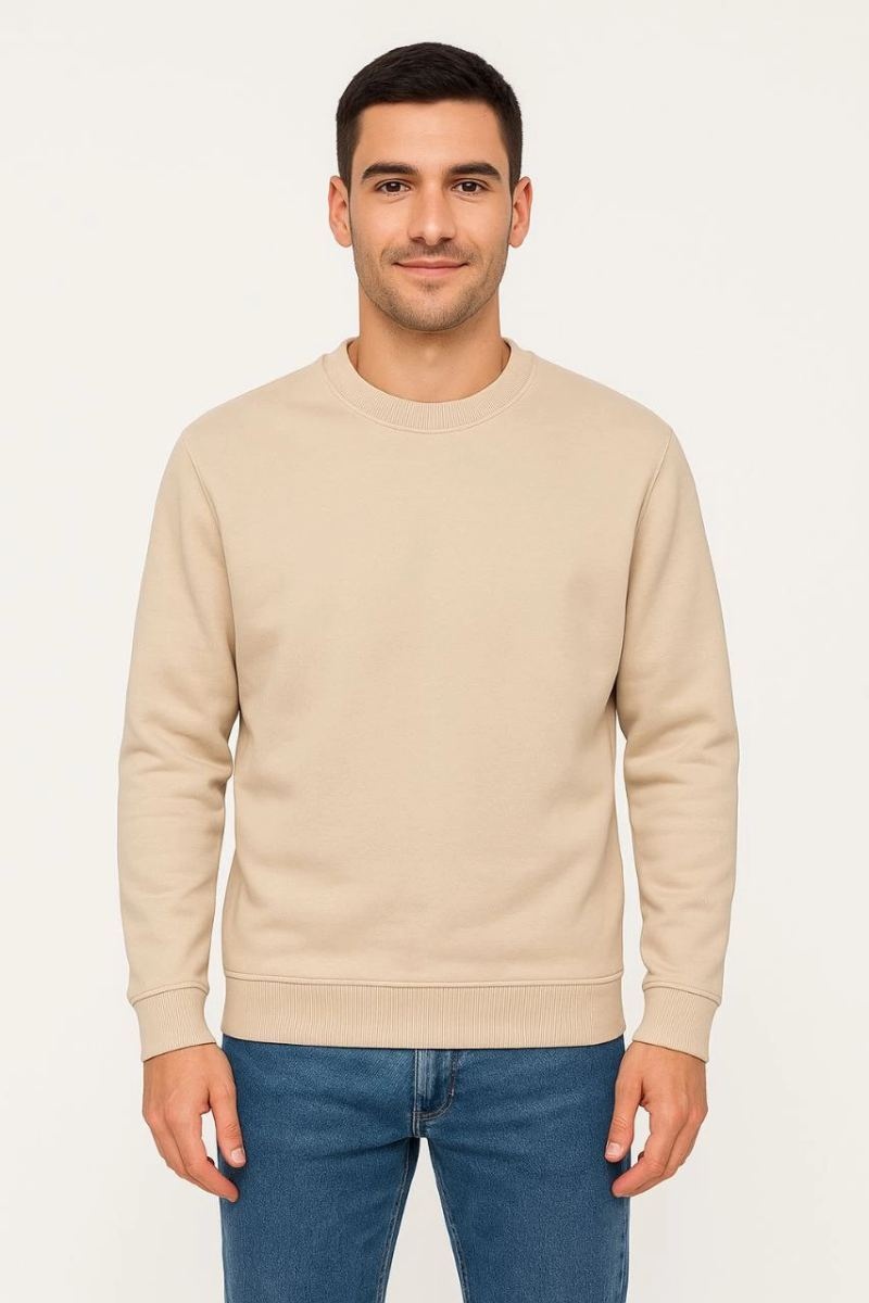 Erkek 3 İplik Pamuklu Düz Bisiklet Yaka Sweatshirt - Bej