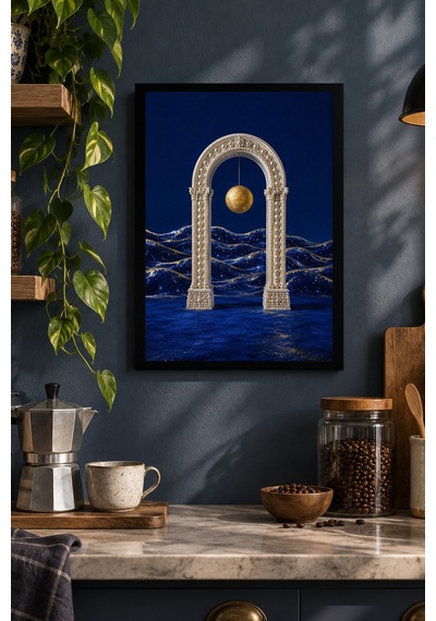 Ay Işıklı Su Kemeri Desenli Dekoratif Mdf Tablo, Çerçeve Görünümlü Ahşap Poster