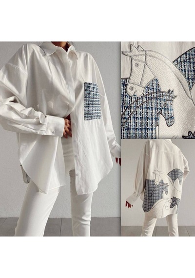 Fashion Cocktail Arkası At İşlemeli Kabartma Ekose Tüvit Düğmeli Cepli Asimetrik Ofis Yama İşi Tasarım Gömlek Mavi Fashion Cocktail Arkası At İşlemeli Kabartma Ekose Tüvit Düğmeli Cepli Asimetrik Ofis Yama İşi Tasarım Gömlek Mavi