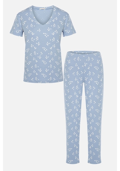 Kadın Kısa Kollu Pamuklu Fitilli Kaşkorse Pijama Takımı Ko7305ts-1 Bebe Mavisi