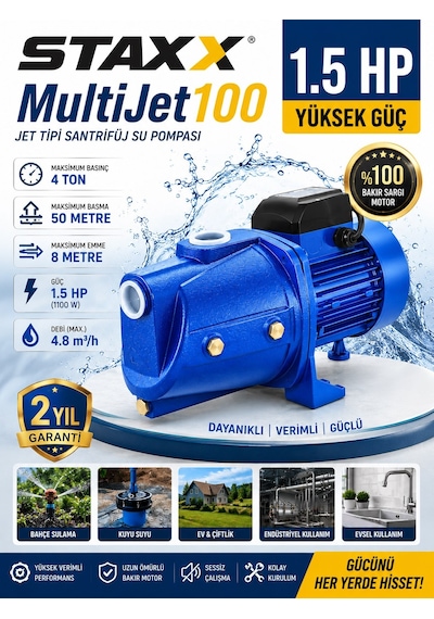Staxx Stx15mj30 Multi Jet 100 Metal Dişli Sistem Tam Bakır Sargılı 1.5 Hp Büyük Su Pompası 8mt Emiş