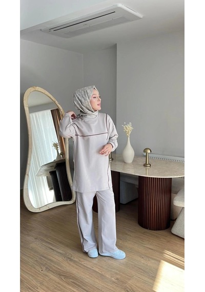 Mihran Butik Olivia Kadın Mevsimlik Penye Alt Üst Spor Ve Rahat Tesettür İkili Takım Bej