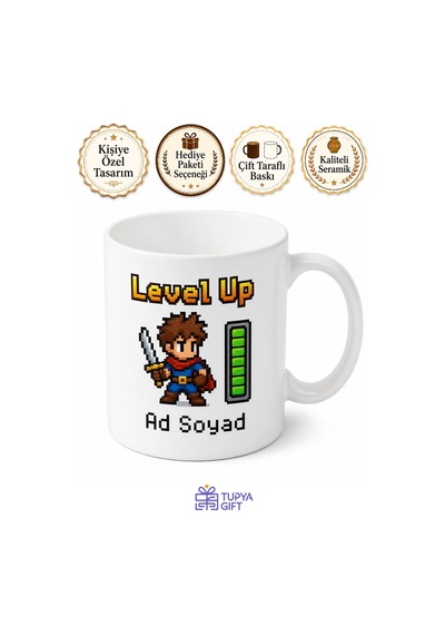 Oyun Dünyası Piksel Karakter Level Up Can Barı Tam Dolu Kupa Bardak Hediye Beyaz / Çok Renkli