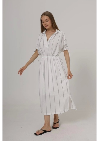 Defymoda Beli Lastikli Elbise - Beyaz Beyaz