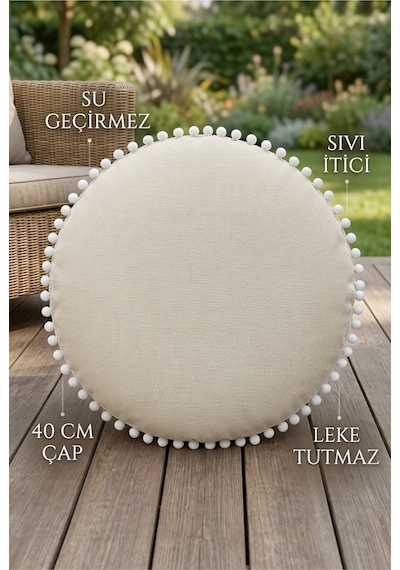 Yuvarlak Minder 40 Cm Ponponlu Dekoratif Oturma Minderi Su Geçirmez Sıvı İtici Leke Tutmaz Çok Renkli