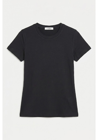 Kadın Siyah S6-1 Bisiklet Yaka %100 Organik Pamuk Esnek Kumaş T-shirt
