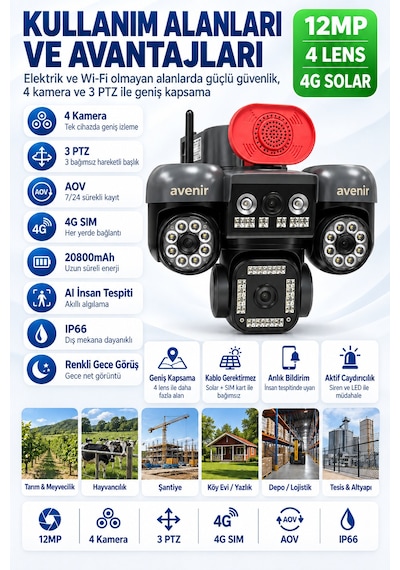Tk-s1446 12mp 4 Kameralı 3 Ptz 4g Solar Aov Sürekli Kayıtlı Güvenlik Kamerası