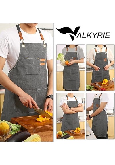 Valkyrie Unisex Kanvas Mutfak Önlüğü Ayarlanabilir Askılı Cepli Barista Garson Servis Önlüğü Gri