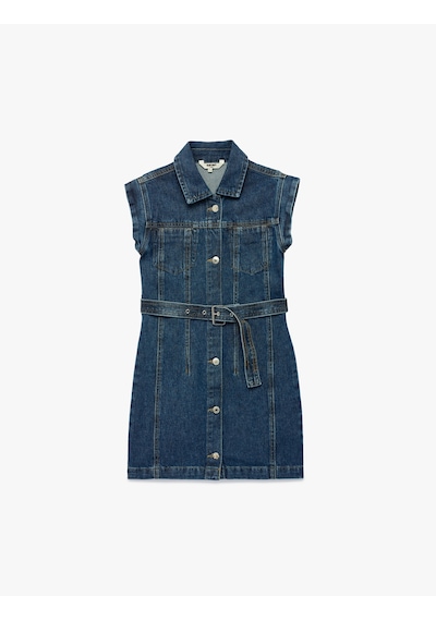 Koton Pamuklu Kolsuz Kuşak Detaylı Gömlek Yaka Denim Elbise Orta İndigo 6skg80003ad İndigo