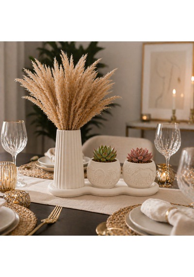 3 Lü Taş Tozu Dekoratif Vazo Seti Pampas & Sukulent Uyumlu El Yapımı Modern Set
