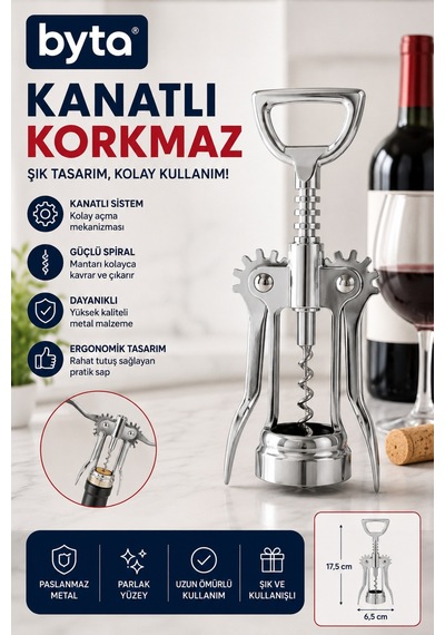 Kanatlı Krom Şarap Tirbuşonu Paslanmaz Metal Mantar Açacağı Ergonomik Şişe Açacağı Gümüş