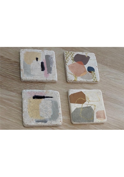 Modern Soyut Tasarımlar Doğal Taş Bardak Altlığı 4'lü Set - Natural Stone Coasters - Taş Çok Renkli