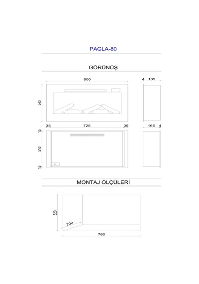 Pagla 80 - Isıtmalı Elektrikli Şömine Sınırsız Renkli Cam Çerçeveli