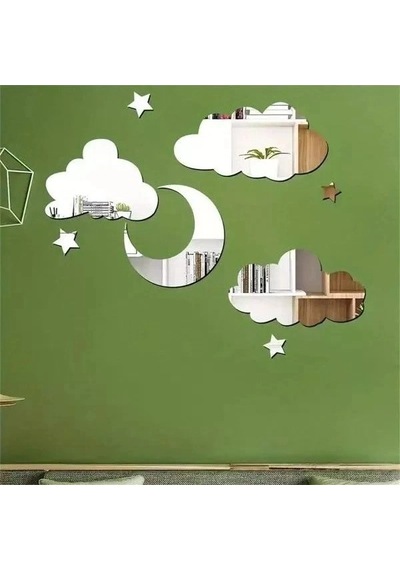 Mey İthalat 8 Parça Gökyüzü Konseptli Kırılmaz Pleksi Ayna Seti - Ay, Bulut Ve Yıldız Duvar Dekoru Çok Renkli