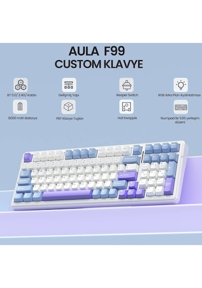 Aula F99 3 Modlu Rgb Hot Swap Mekanik Reaper Switch Kablosuz Makrolu Klavye Mavi