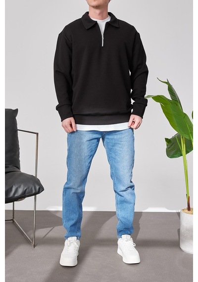 Prtnc Protonic Erkek Polo Yaka Oversize Siyah Sweatshirt Yarım Fermuar Sweatshirt Siyah