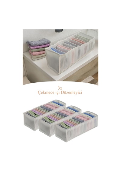 3 Adet - Medium 11 Gözlü Çekmece Içi Düzenleyici Organizer 16 X 40 X 12cm Kumaş Beyaz Diğer