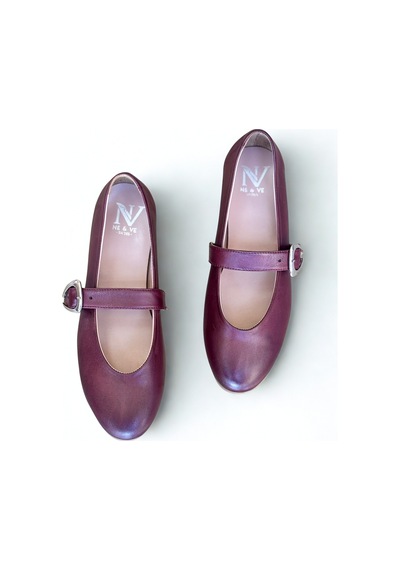 Ne&ve Shoes Bordo Karartmalı Hakiki Deri Yuvarlak Burunlu Tokalı Kadın Babet