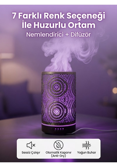 Auhma Humidifier Zaman Ayarlayıcılı 7 Farklı Led Işıklı Buharlı Hava Temizleyici Altın