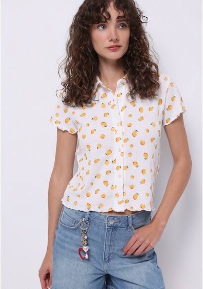 Colins Slim Fit Shirt Neck Baskılı Kadın Ekru Kısa Kol Tişört Cl1074578 Q1.v1 Ecr Ekru