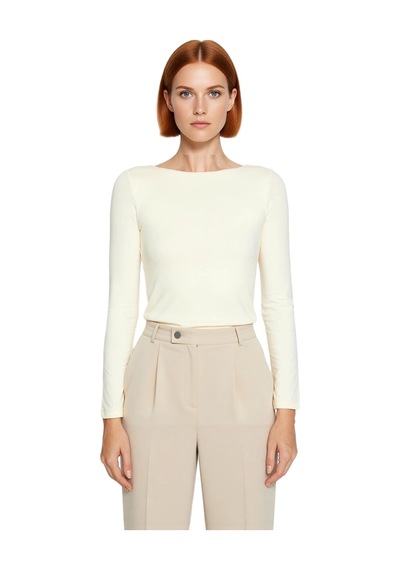 Frm Kadın Moda Şık Üst Giyim Crop Kayık Yaka Slim Kalıp Örme Pamuklu Taş