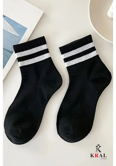 Kral Socks Erkek Kadın 12 Çift Çizgili Kolej Tenis Çorabı Pamuklu Terletmez Çorap Siyah