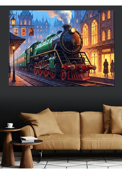 Ahşap Tablo Gece Işıkları Altında Buharlı Tren