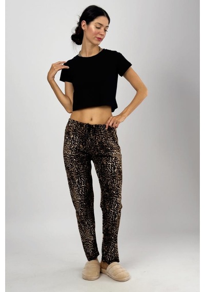 Kadın Kadife Pijama Altı Eşofman Pamuklu Leopar