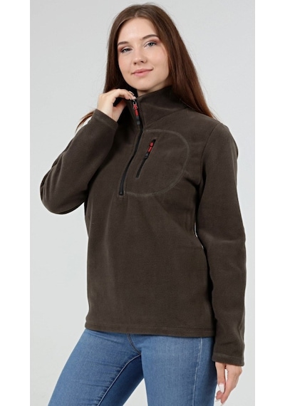 Genius Store Kadın Polar Yarım Fermuarlı Outdoor Cepli Spor Polar Haki